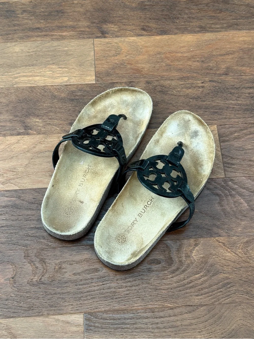 Tory Burch Miller Cloud Sandal Black Patent Leather Cork Footbed Size 6 M